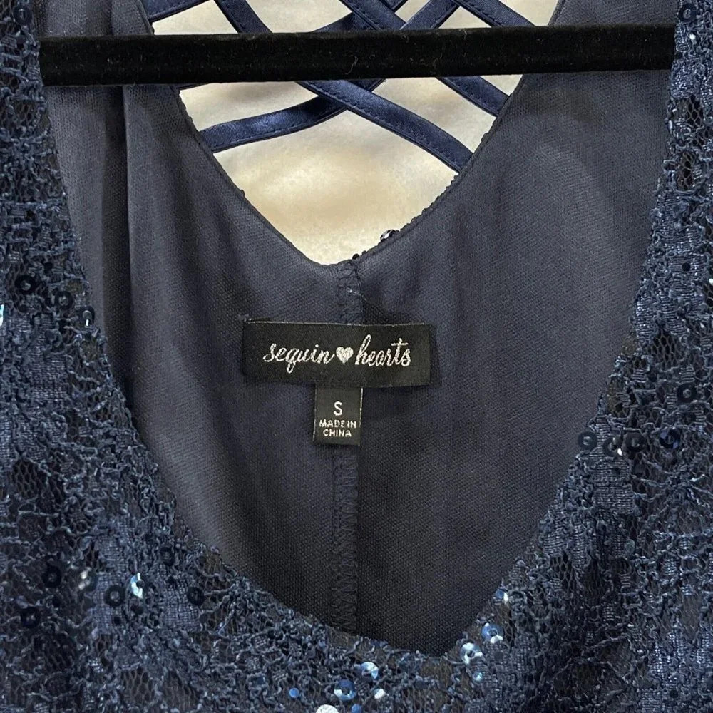 Sequin Hearts Mini Dress Womens Sz S A-Line Floral Lace Overlay Sleeveless Blue - Picture 7 of 10